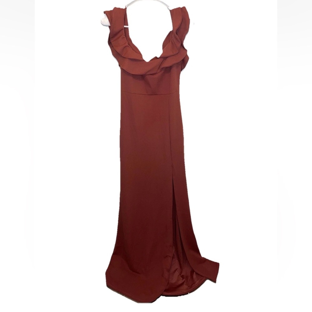 Charlotte Russe Off-Shoulder Rust Evening Gown with Ruffle Detail Size L NWT